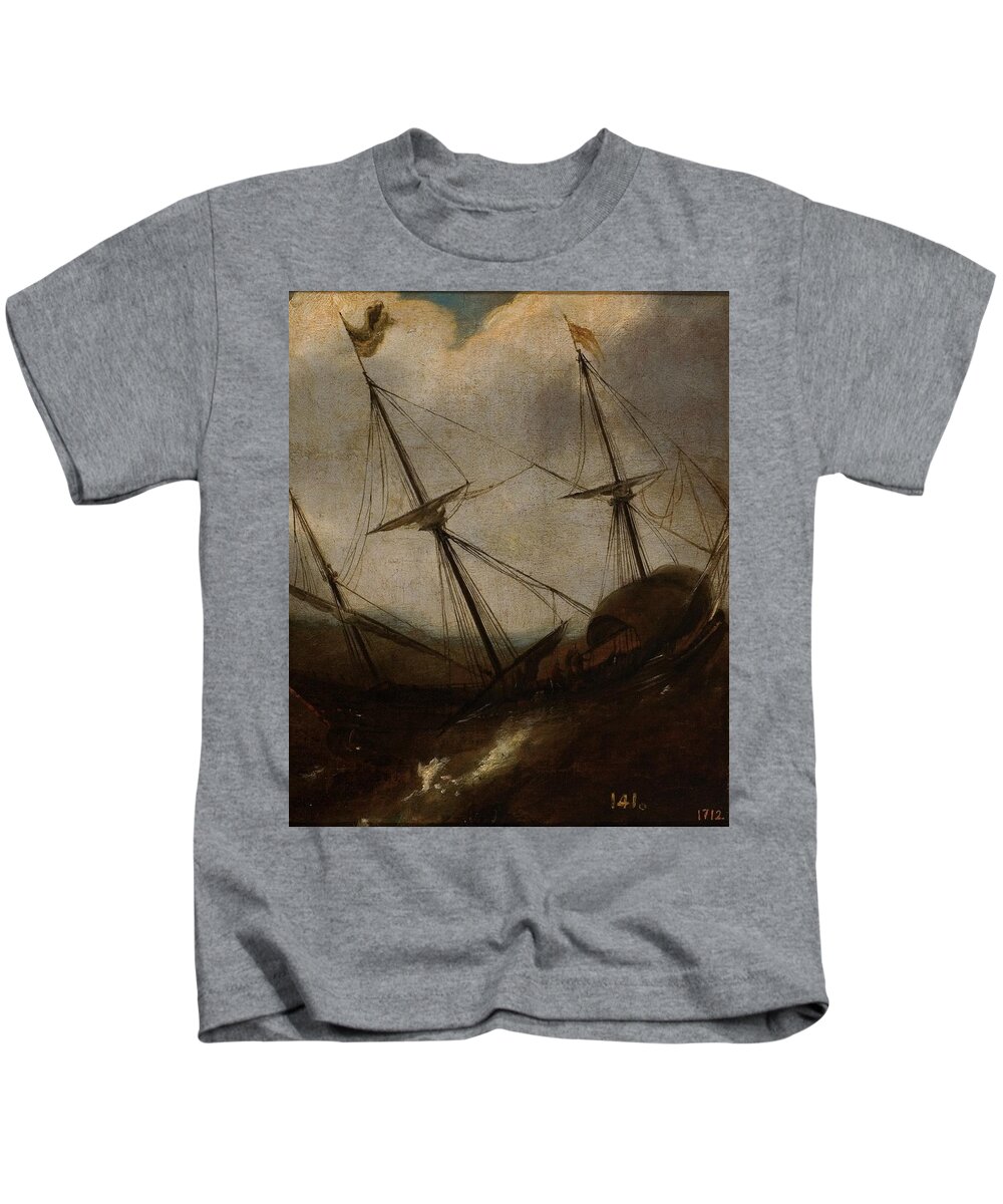 Anonymous Boat In A Storm Xvii Century. Kids T-Shirt featuring the painting Anonymous #9 by MotionAge Designs