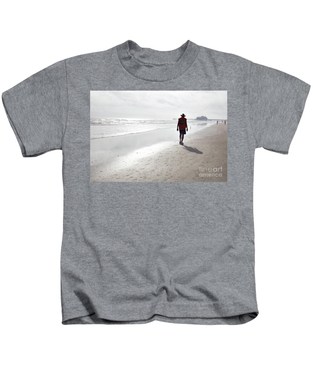 A Beach Walker And His Shadow Kids T-Shirt featuring the photograph A Beach Walker And His Shadow by Felix Lai