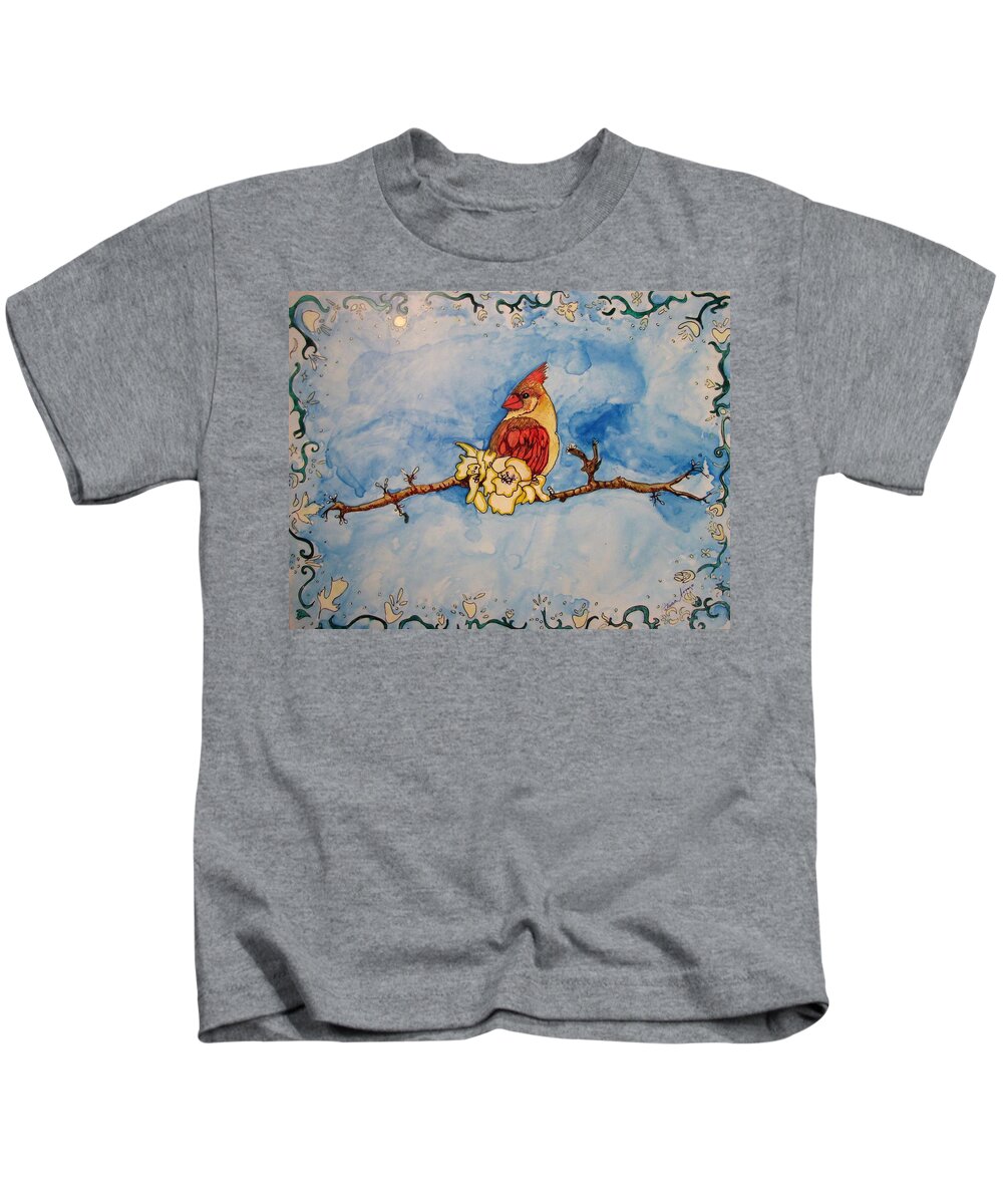 Cardinal Kids T-Shirt featuring the painting A Birds Delight by Patricia Arroyo