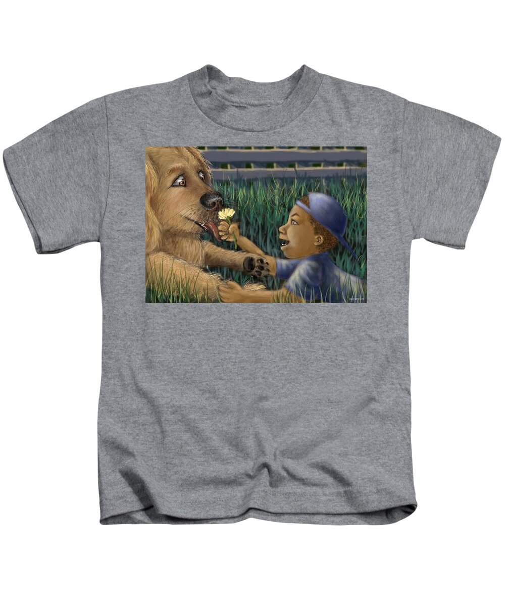 Boy Kids T-Shirt featuring the digital art A Boy And His Dog by Larry Whitler