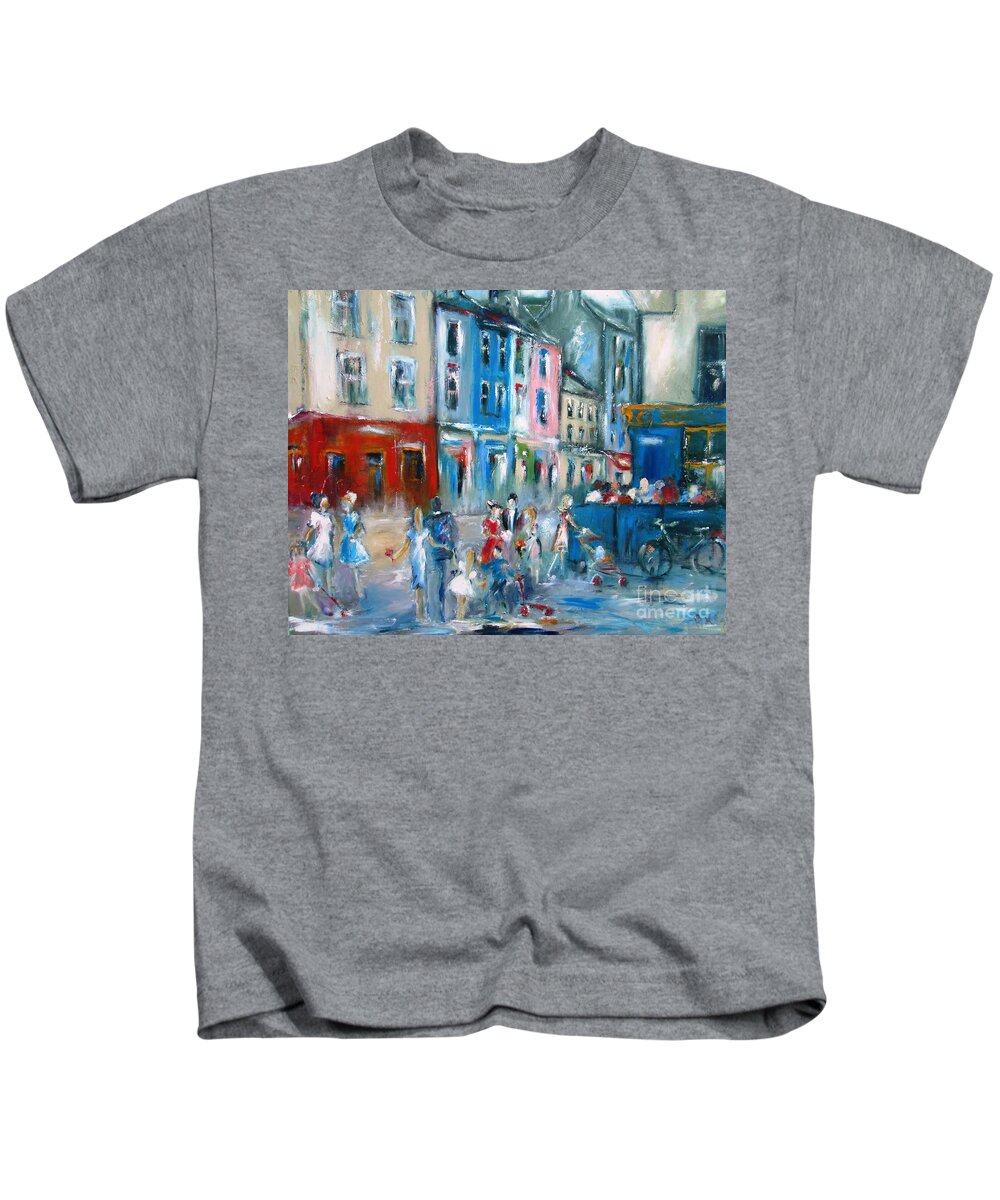 Galway Ireland. Quay Street Galway Ireland Kids T-Shirt featuring the painting Painting Of Quay Street Galway Ireland #1 by Mary Cahalan Lee - aka PIXI