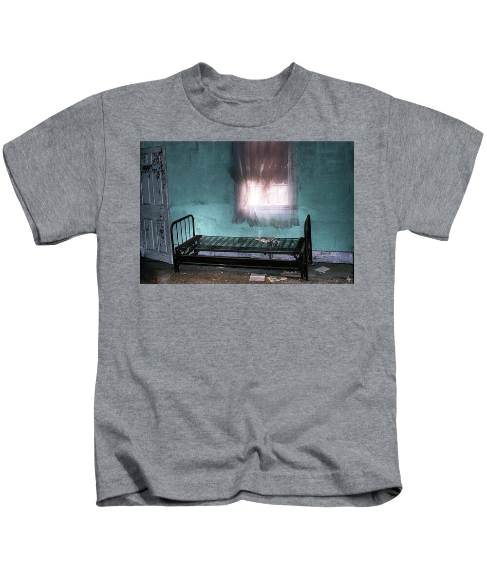Bed Frame Kids T-Shirt featuring the photograph A Glow Where She Slept by Wayne King