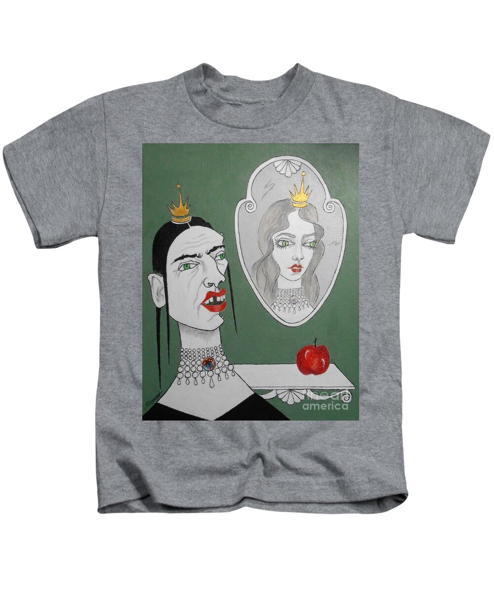 Snow White Kids T-Shirt featuring the mixed media A Queen, Her Mirror and an Apple by Jayne Somogy