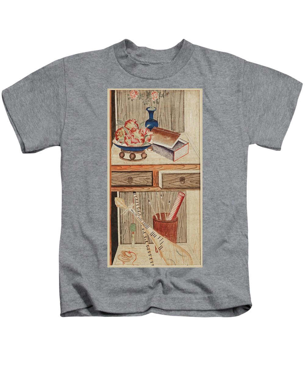 A Shelf With Pomegranates Kids T-Shirt featuring the painting A Shelf With Pomegranates, Flowers, Music Instrument, Brushes And A Book by Eastern Accents