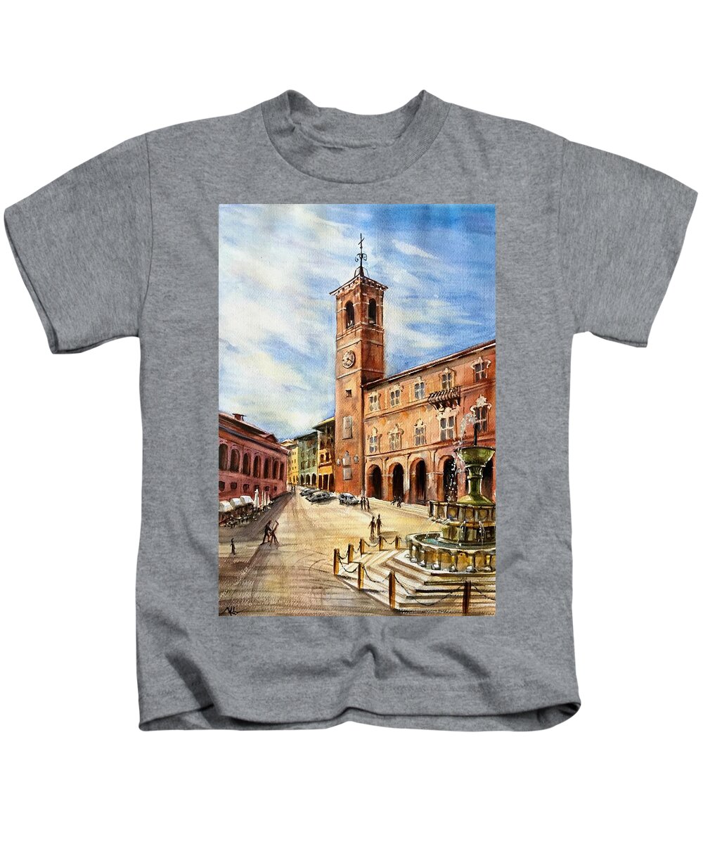 Town Kids T-Shirt featuring the painting A view from Fabriano by Katerina Kovatcheva