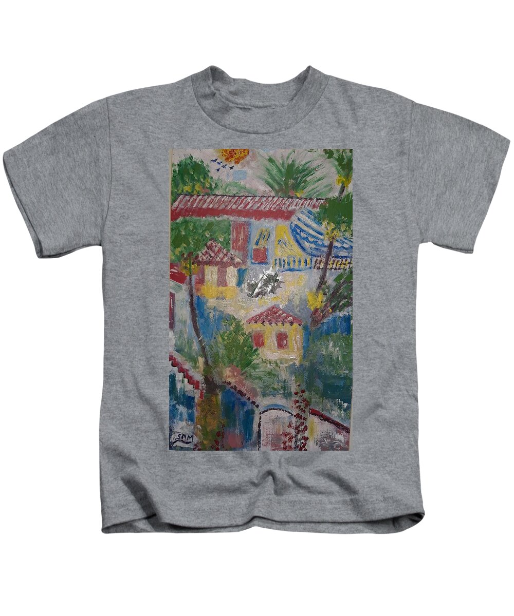 Spain Kids T-Shirt featuring the painting Abstract view of houses in Alicante by Sam Shaker