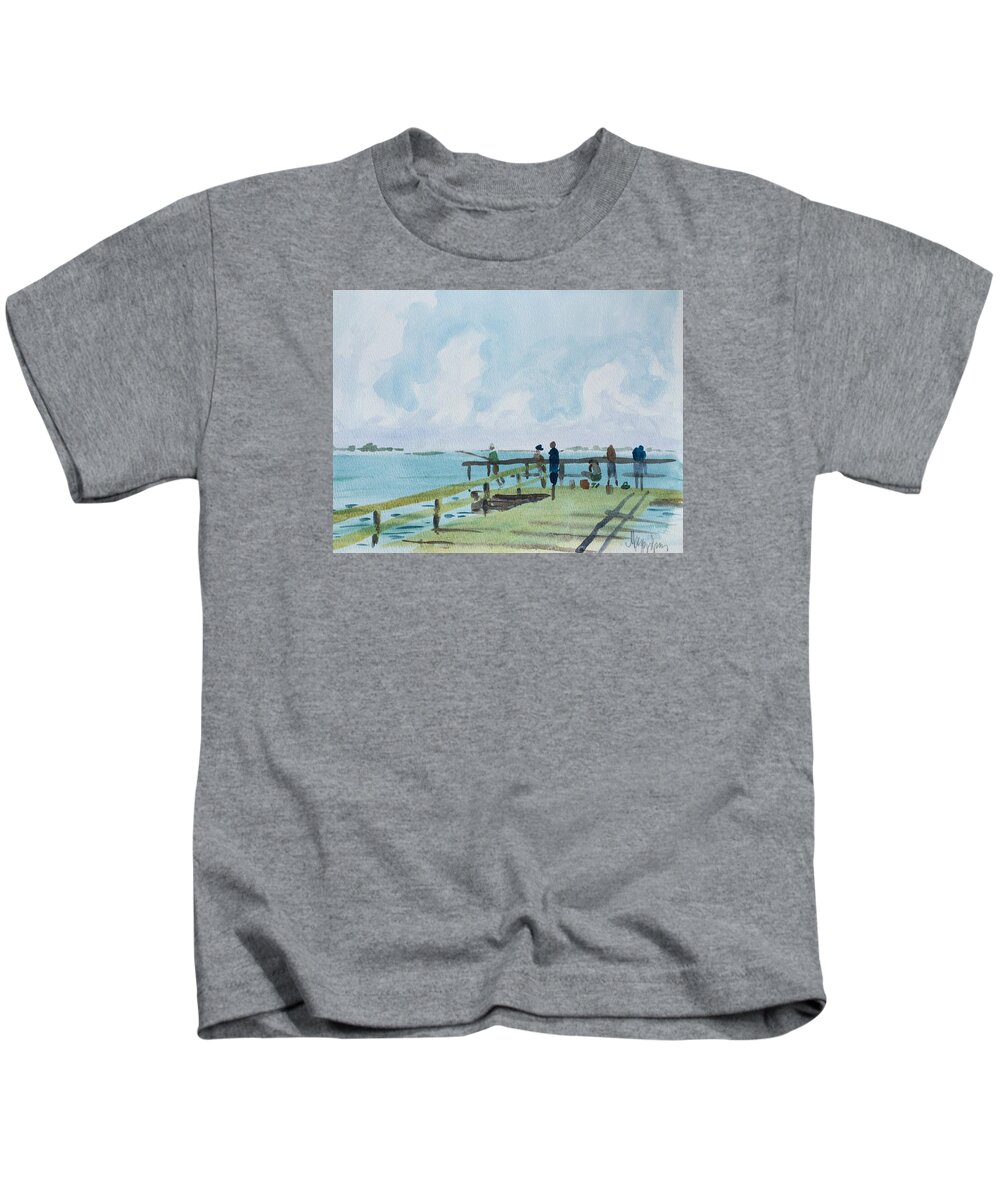 Sanibel Isle Captiva Florida Plein Air Watercolor Fishing Fishing Pier Coastalart Kids T-Shirt featuring the painting Action on Sanibel Fishing Pier by Maggii Sarfaty