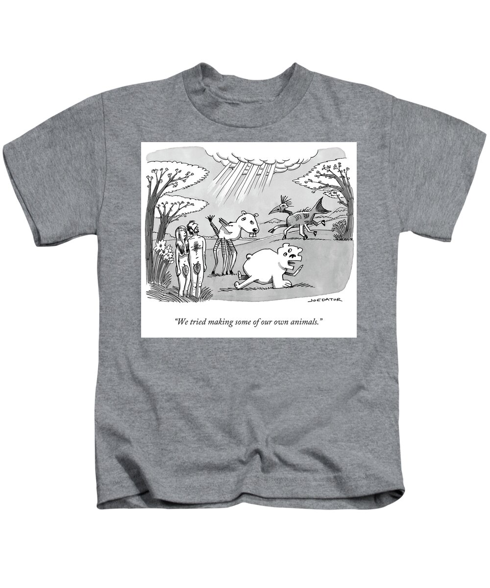 05/29/2017 we Tried Making Some Of Our Own Animals. Adam Kids T-Shirt featuring the drawing Adam and Eve attempt to make their own animals, poorly. by Joe Dator