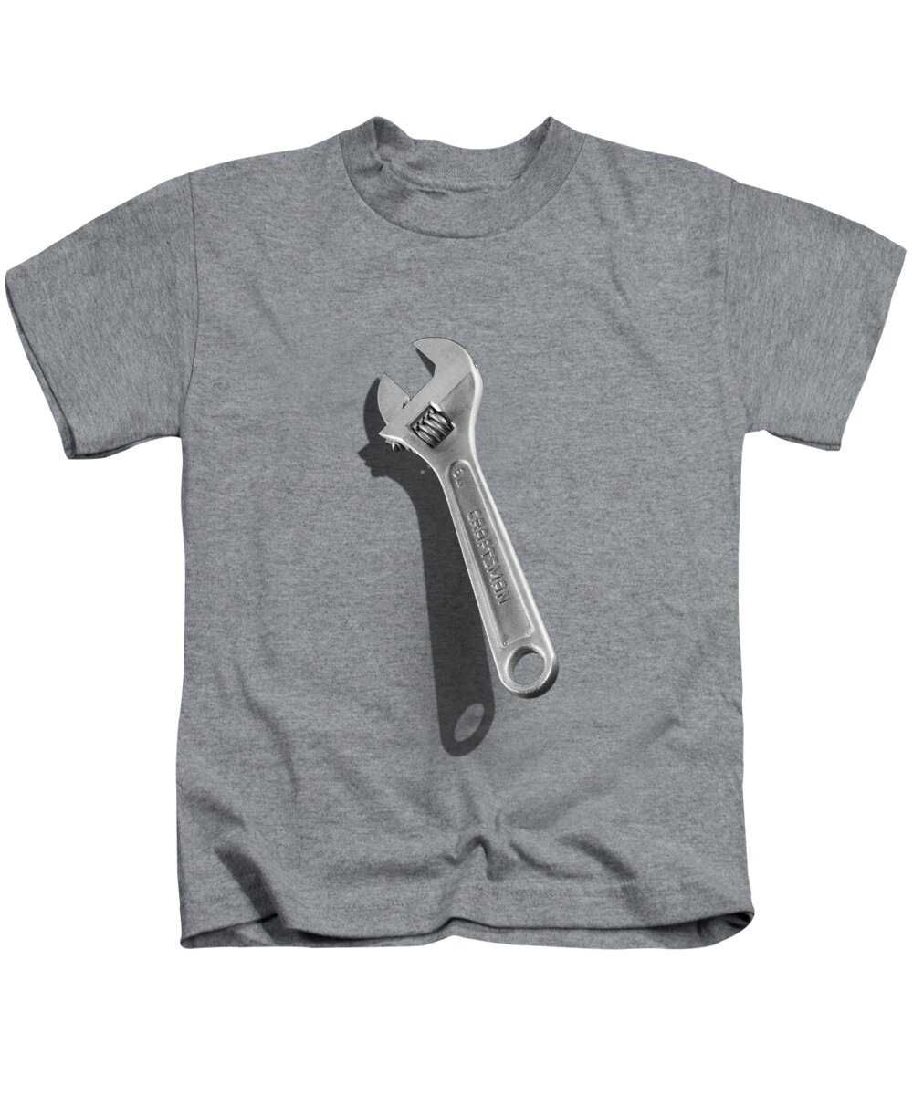 Black Kids T-Shirt featuring the photograph Adjustable Wrench over Wood 72 in Black and White by YoPedro