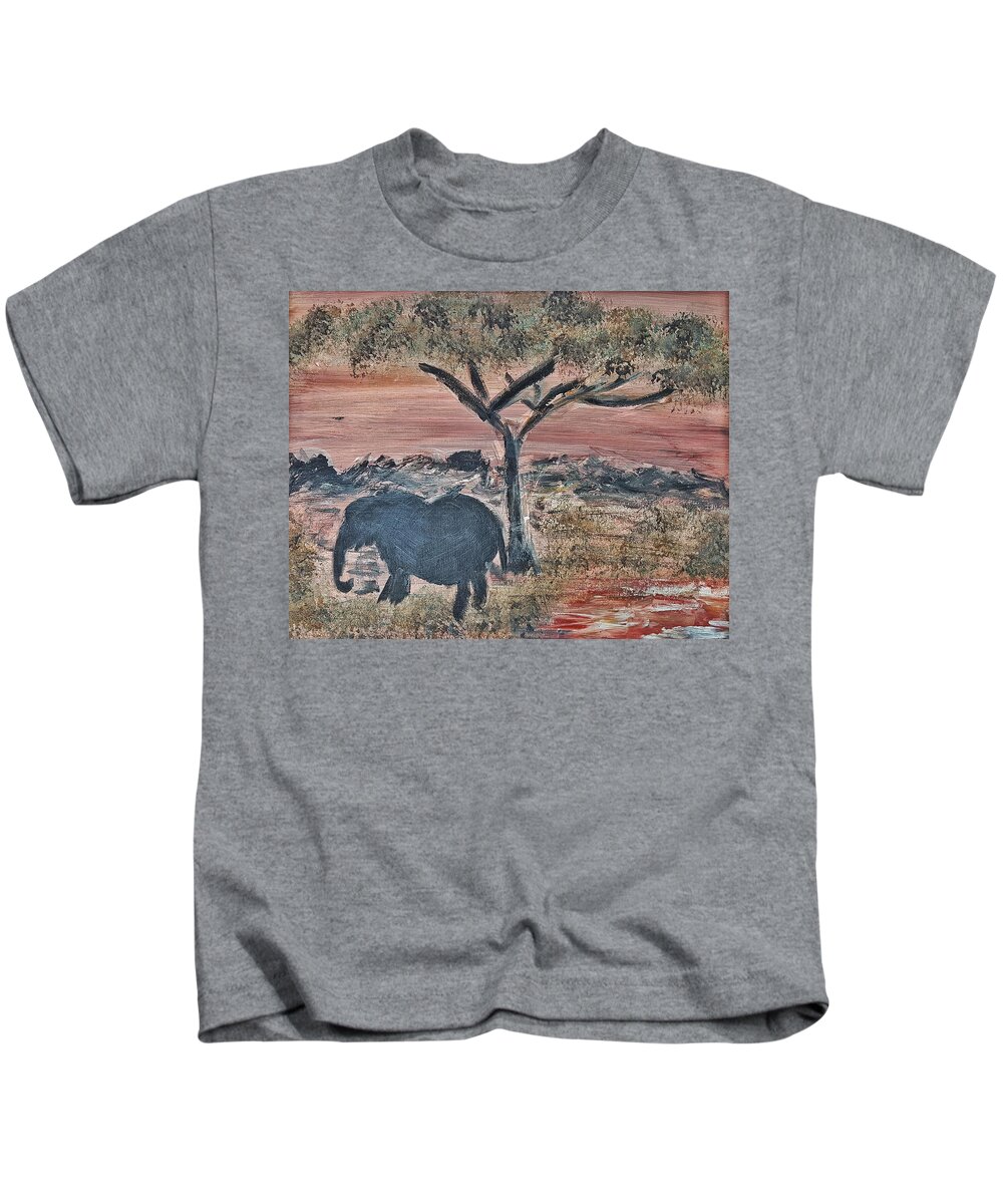 African Landscape Kids T-Shirt featuring the painting African Landscape with elephant and banya tree at watering hole with mountain and sunset grasses shr by MendyZ