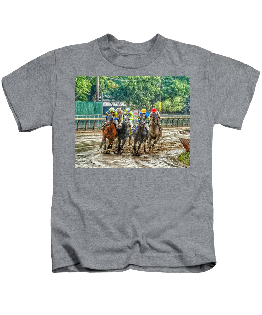 Race Horses Kids T-Shirt featuring the photograph After the Rain by Jeffrey PERKINS