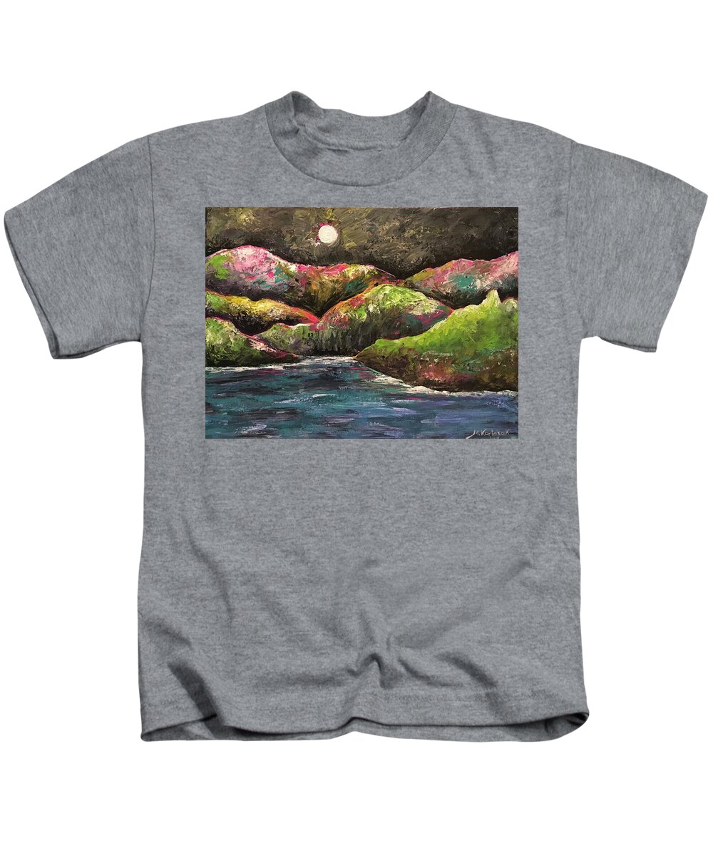 Moonlight Kids T-Shirt featuring the painting Amazing moonlight by Maria Karlosak