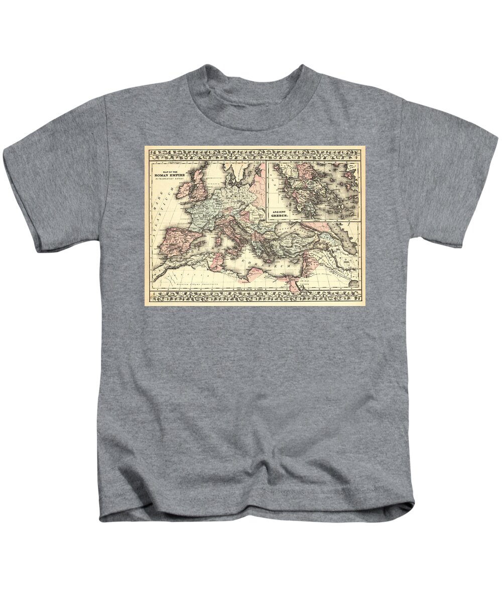 Antique Map Of Roman Empire Kids T-Shirt featuring the drawing Antique Maps - Old Cartographic maps - Antique Map of the Roman Empire, 1880 by Studio Grafiikka