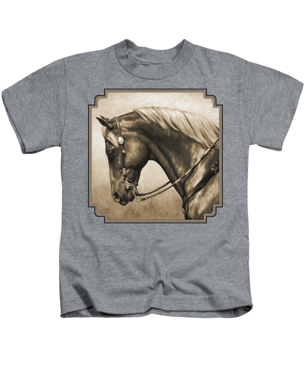 Horse Kids T-Shirt featuring the painting Western Horse Painting In Sepia by Crista Forest
