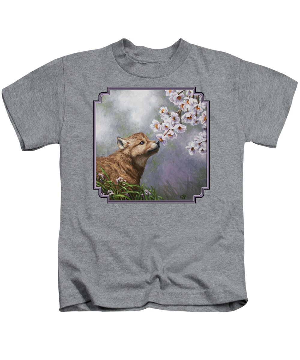 Wolf Kids T-Shirt featuring the painting Wolf Pup - Baby Blossoms by Crista Forest
