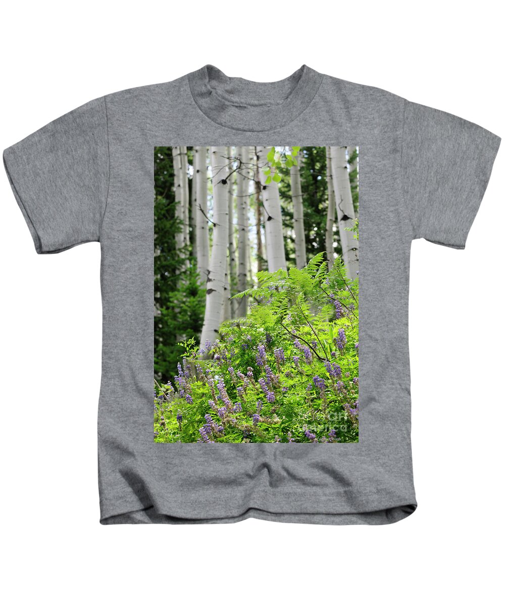 Aspen Kids T-Shirt featuring the painting Aspens Ferns and Flowers 2 by Constance Woods