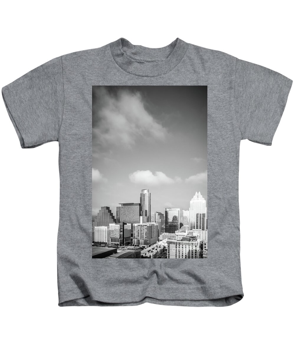 America Kids T-Shirt featuring the photograph Austin Cityscape Black and White Photo by Paul Velgos