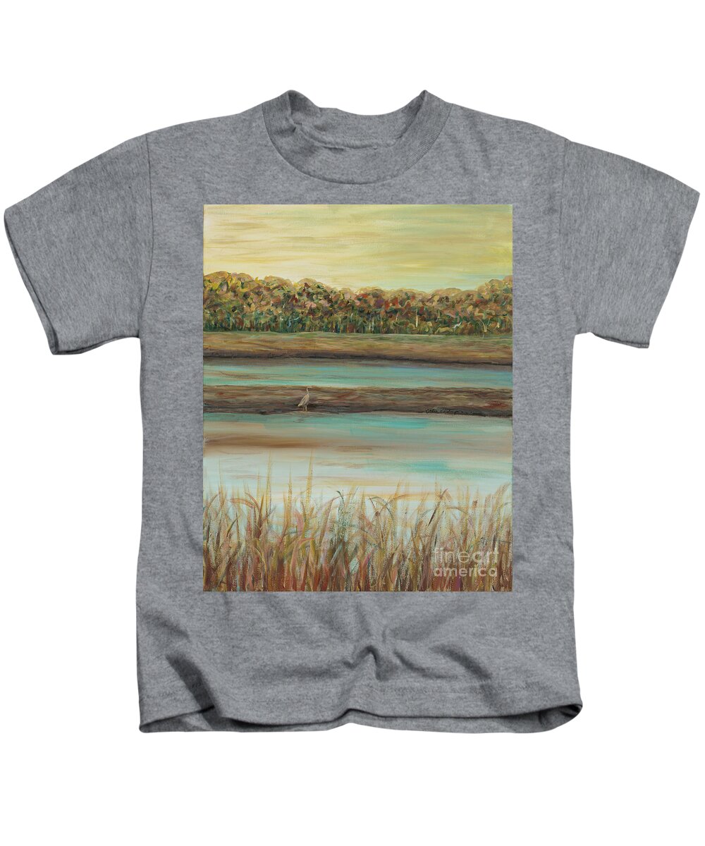 Bird Kids T-Shirt featuring the painting Autumn Marsh and Bird by Nadine Rippelmeyer