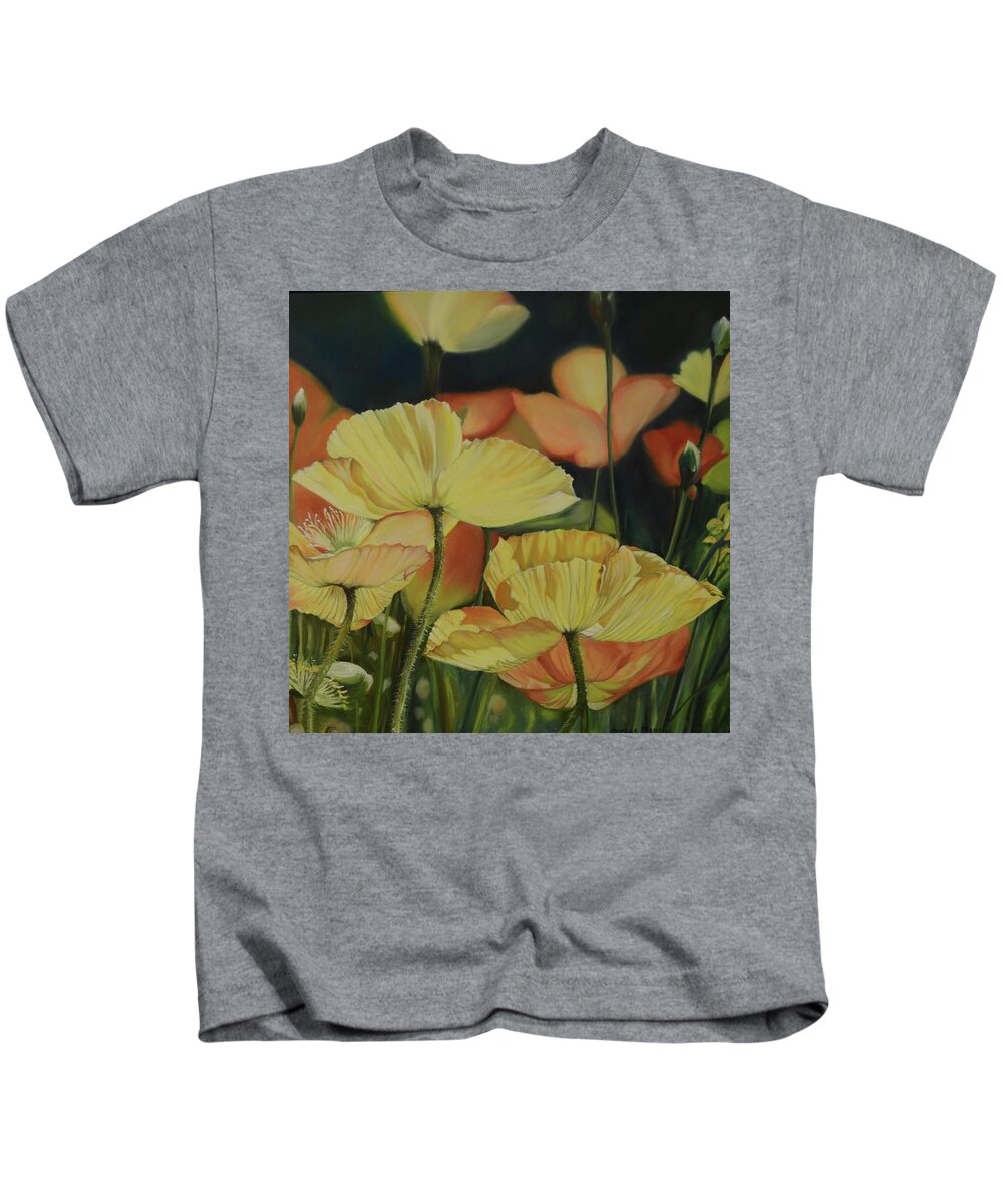 #poppies #flowers #flower #yellow #nature #floral #florals #landscape #leaves #orange #peace #landscape #landscapes #bright Kids T-Shirt featuring the painting Awakening by Stella Marin