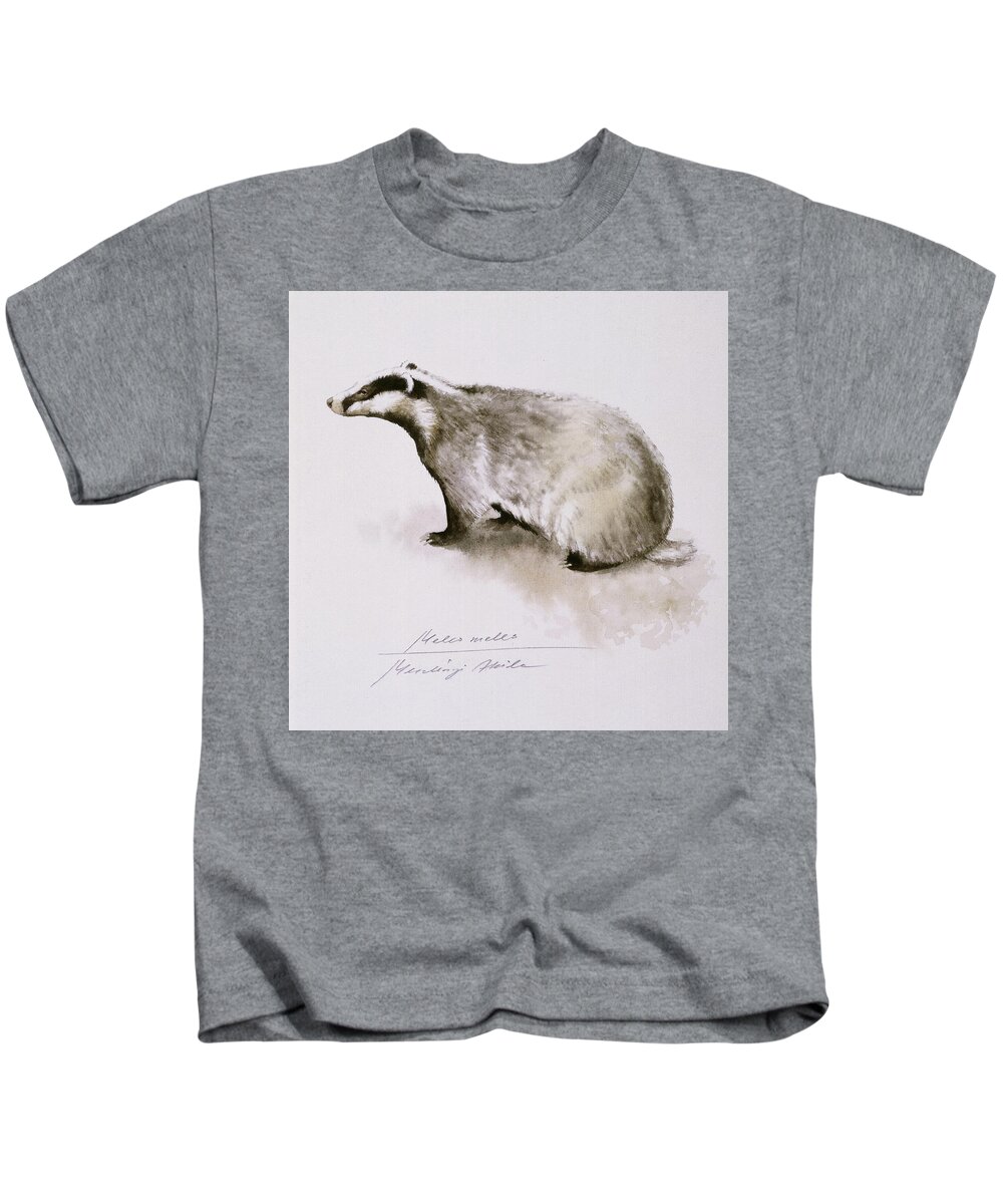 Badger Kids T-Shirt featuring the painting Badger, watercolor by Attila Meszlenyi