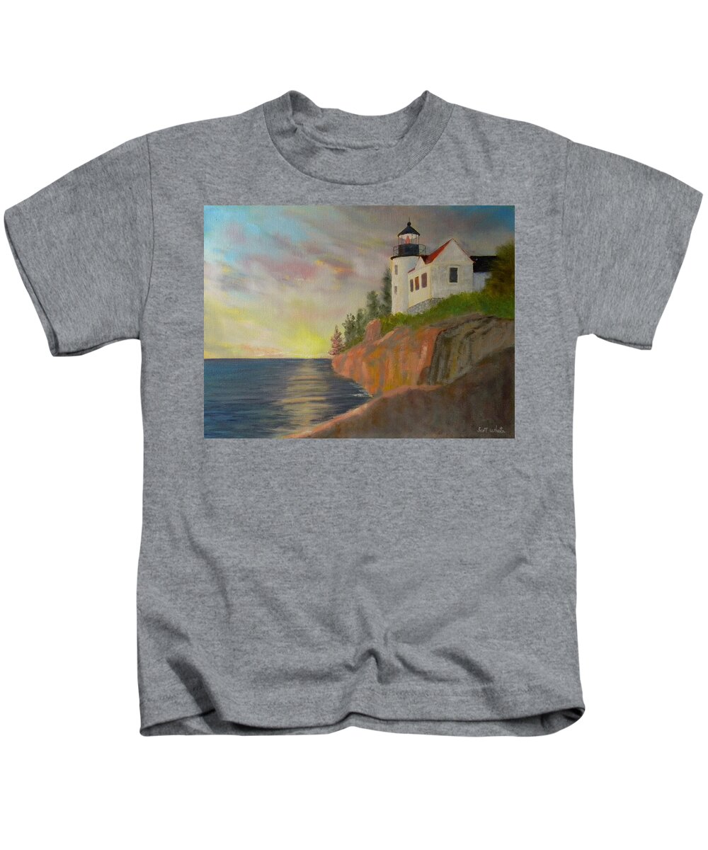 Beach Seascape Lighthouse Ocean Sunrise Rocks Sea Maine Harbor Landscape Artist Scott White Kids T-Shirt featuring the painting Bass Harbor Light by Scott W White
