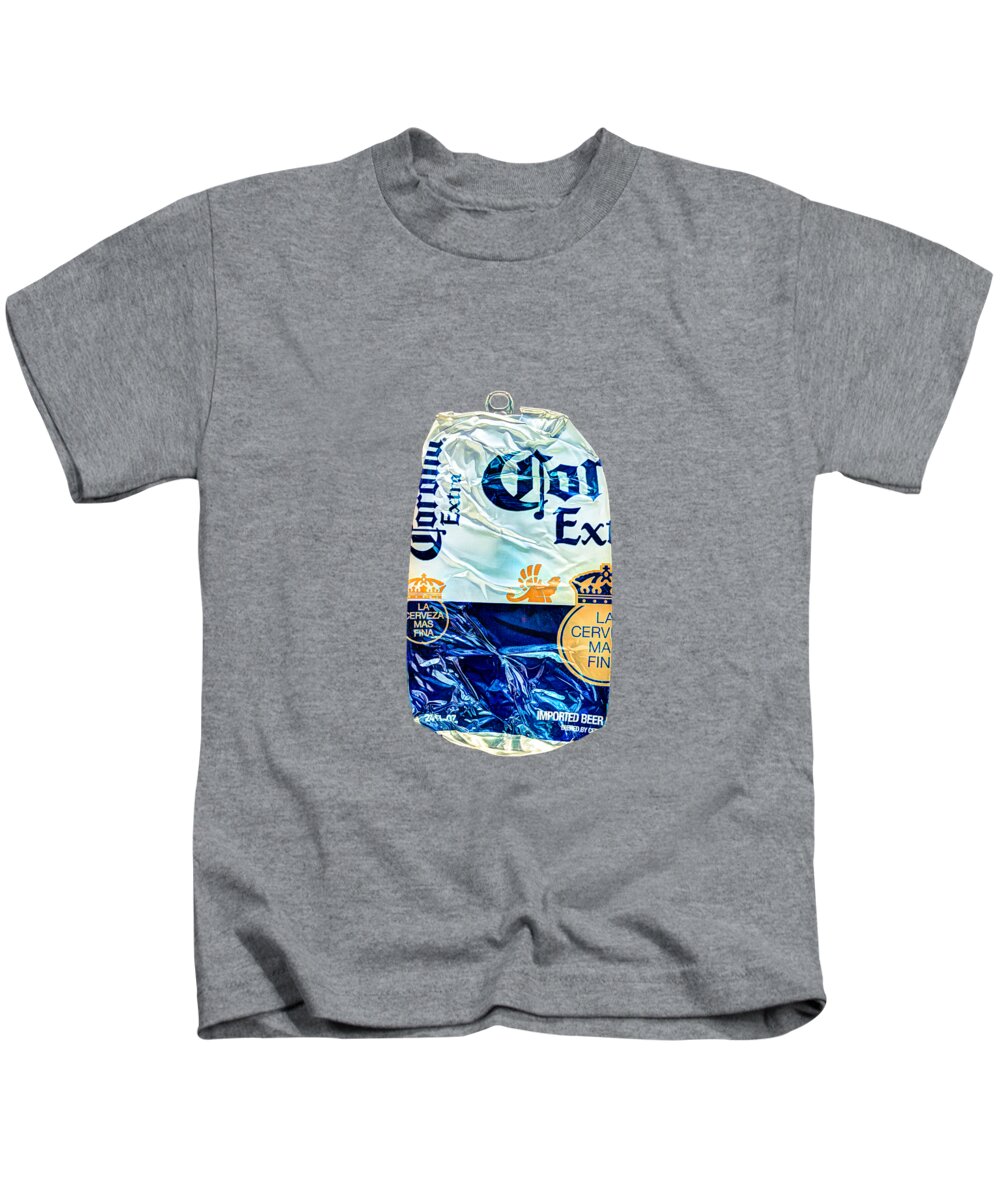 Beer Can Kids T-Shirt featuring the photograph Beer Can Extra Blue Crushed on BW Plywood 81 by YoPedro