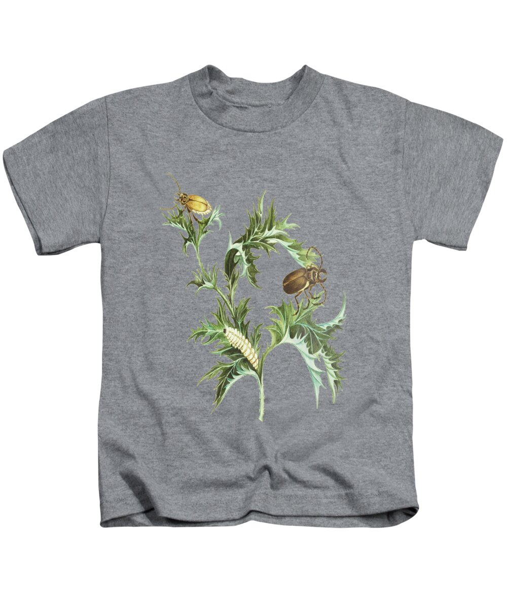 Beetles Kids T-Shirt featuring the mixed media Beetles With Larvae On A Thistle by Cornelis Markee 1763 by Movie Poster Prints