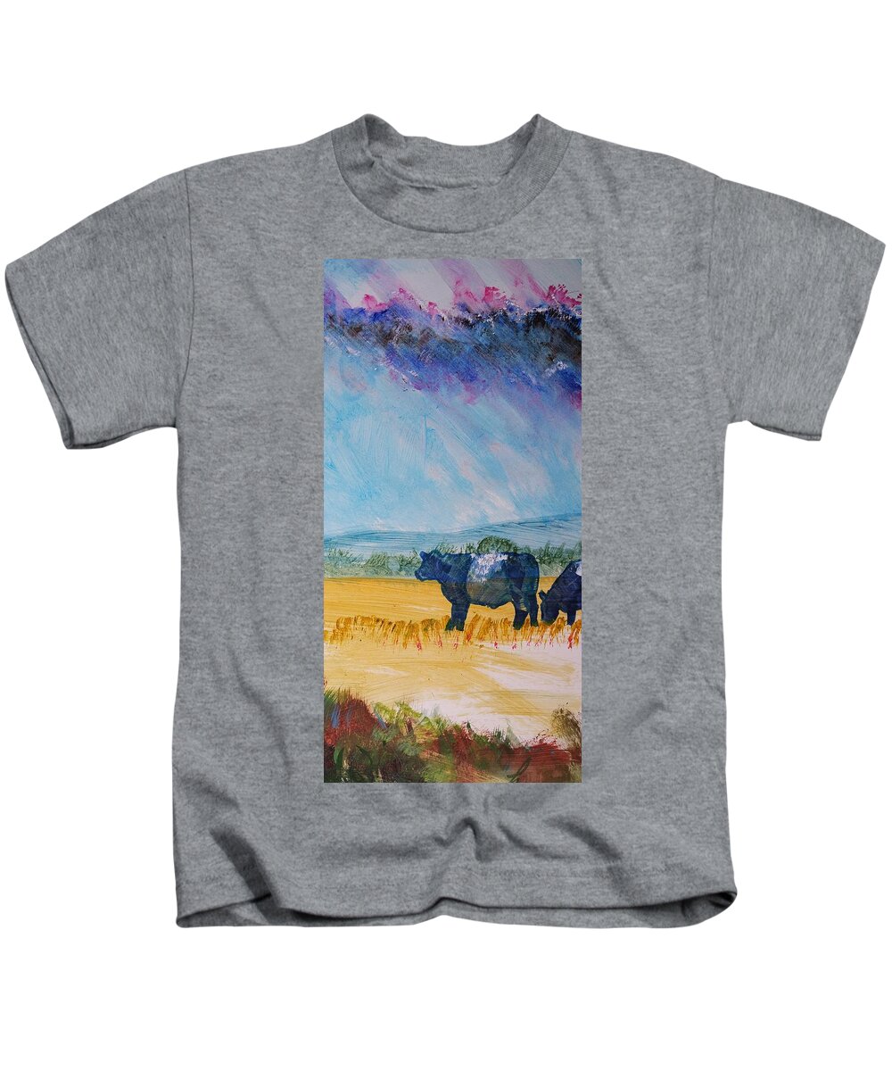 Belted Galloway Cows Kids T-Shirt featuring the painting Belted Galloway Cows Narrow Painting by Mike Jory