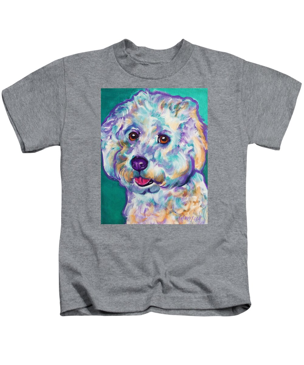 Pet Portrait Kids T-Shirt featuring the painting Bichon Frise - Ruben by Dawg Painter