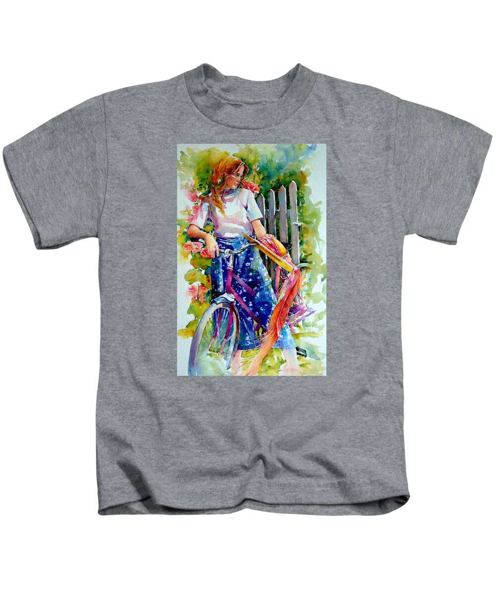 Pink Kids T-Shirt featuring the painting Bicycle Love by Nicole Gelinas