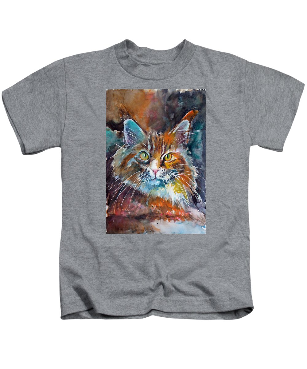 Big Kids T-Shirt featuring the painting Big cat by Kovacs Anna Brigitta