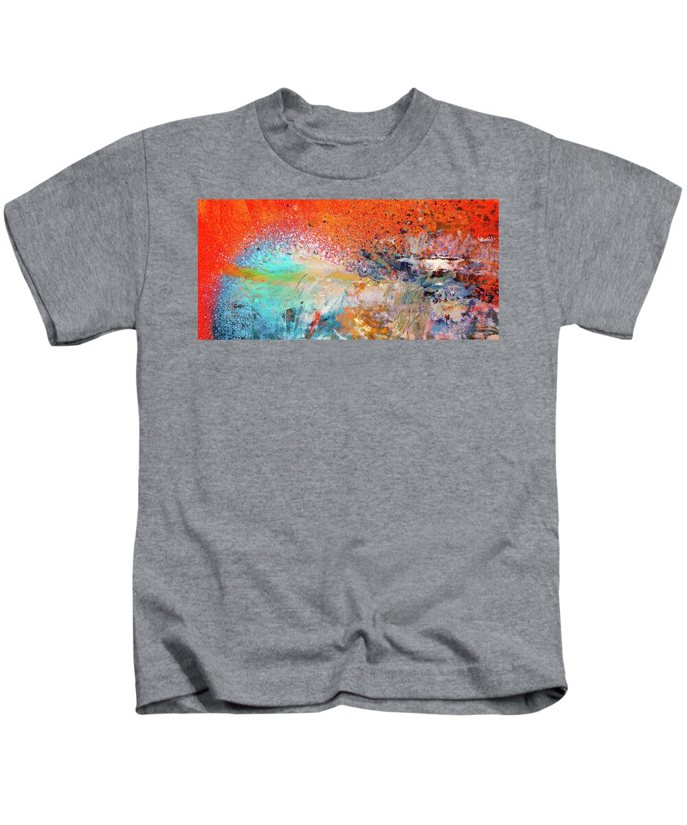 Abstract Kids T-Shirt featuring the painting Big Shot - Orange And Blue Colorful Happy Abstract Art Painting by Modern Abstract
