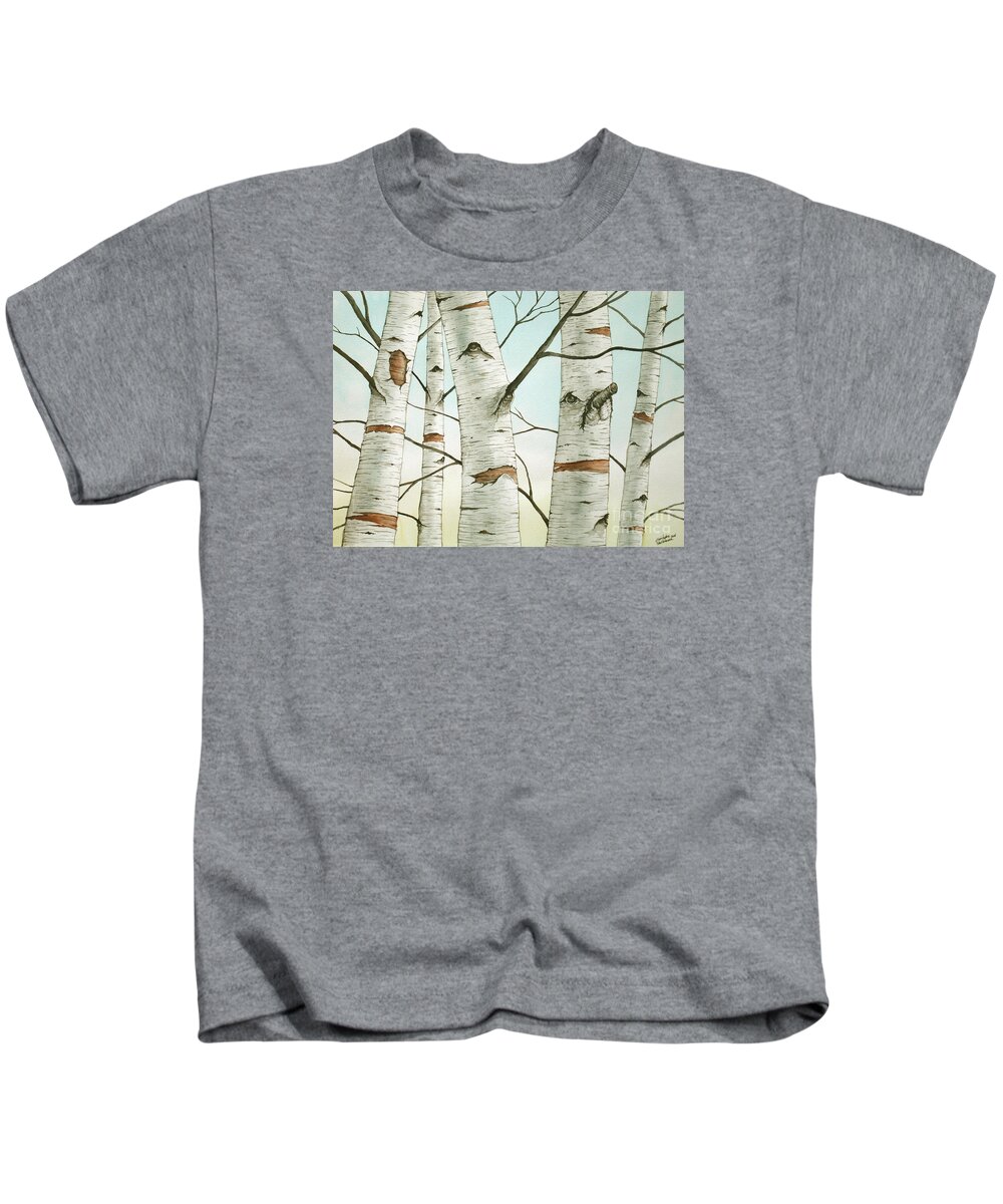 Birch Tree Kids T-Shirt featuring the painting Birch Trees in Late Autumn in watercolor by Christopher Shellhammer