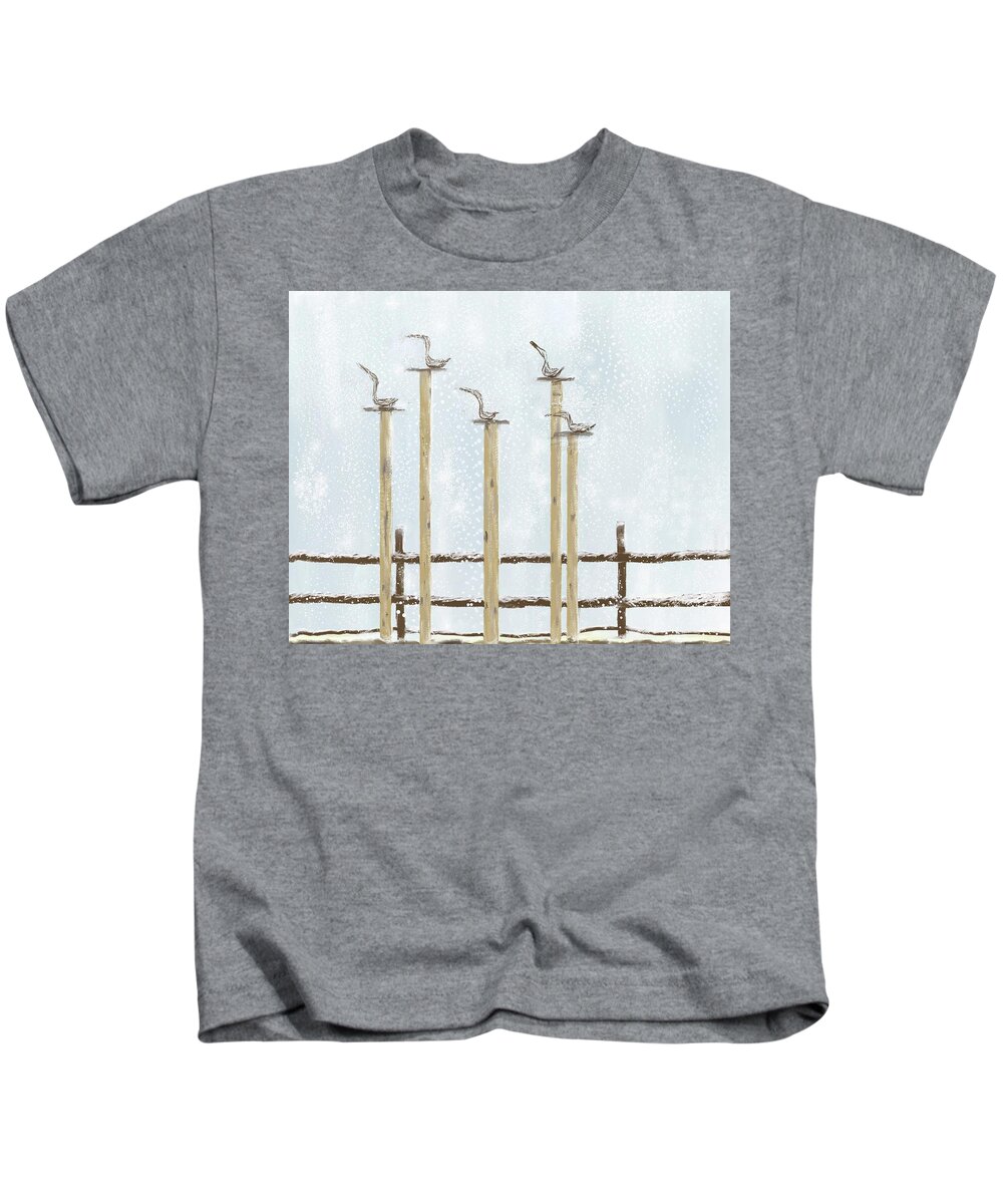 Birds Kids T-Shirt featuring the digital art Birds on Posts by Peggy Blackwell
