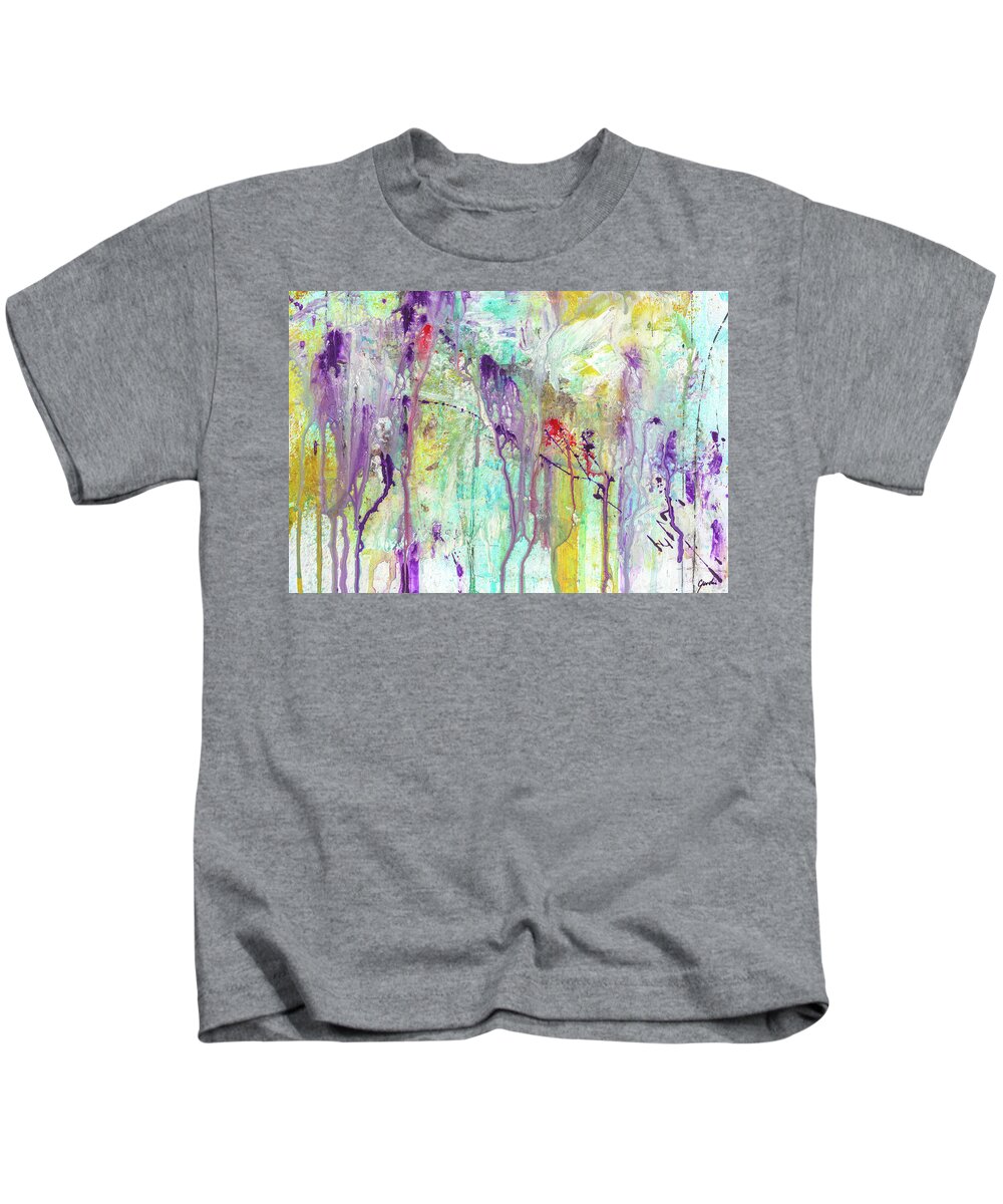 Abstract Kids T-Shirt featuring the painting Birds On The Wire - Colorful Bright Modern Abstract Art Painting by Modern Abstract