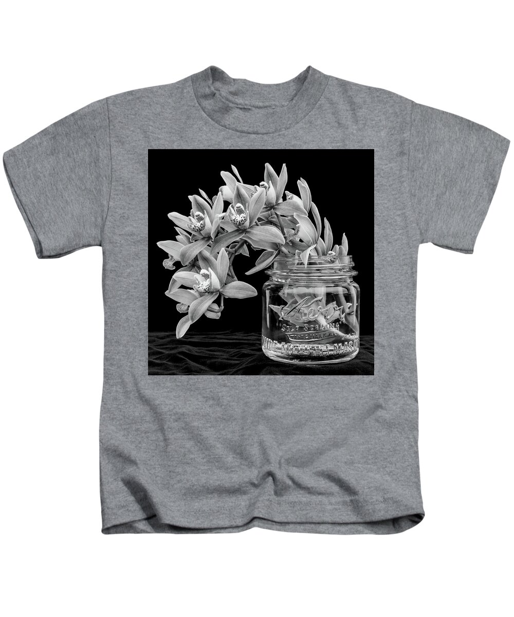 Orchid Kids T-Shirt featuring the photograph Black and White Orchid Antique Mason Jar by Kathy Anselmo