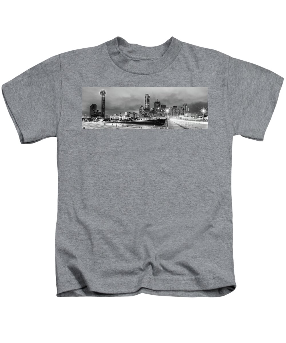 Downtown Kids T-Shirt featuring the photograph Black and White Panorama of Downtown Dallas Skyline from South Houston Street - Dallas North Texas by Silvio Ligutti