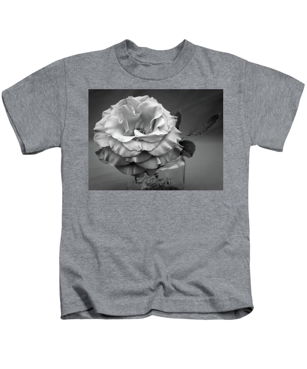 Rose Kids T-Shirt featuring the photograph Black and White Rose Antique Mason Jar by Kathy Anselmo