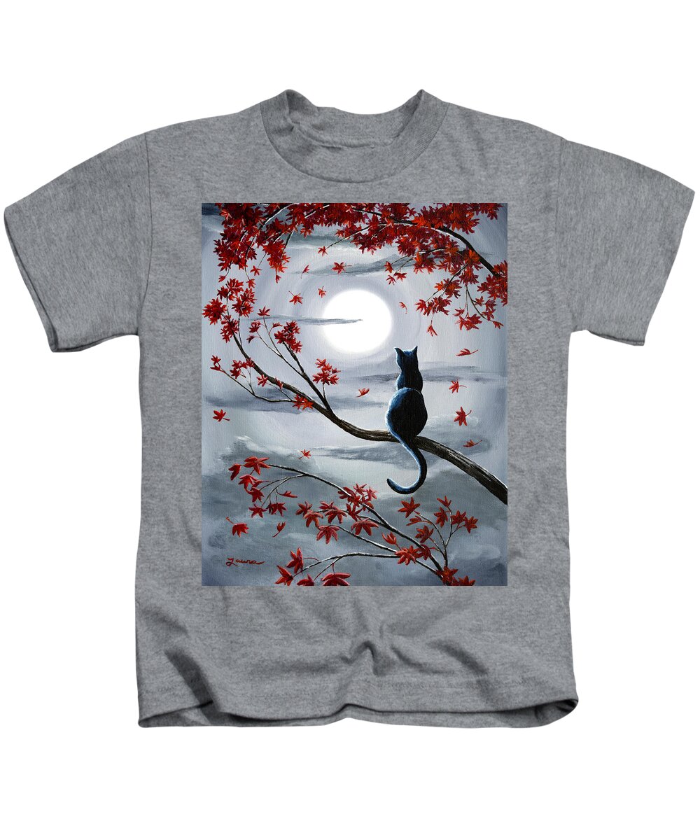 #faatoppicks Kids T-Shirt featuring the painting Black Cat in Silvery Moonlight by Laura Iverson