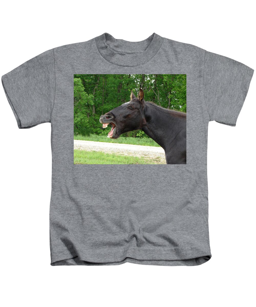 Horses Kids T-Shirt featuring the digital art Black Horse Laughs by Jana Russon