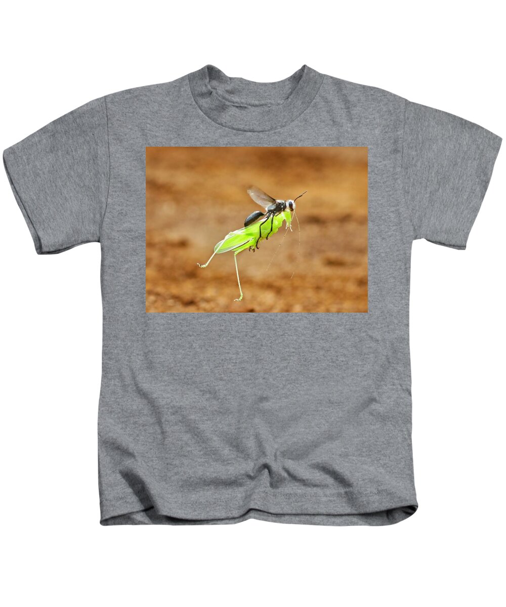 Wasp Kids T-Shirt featuring the photograph Black Sand Wasp and Grasshopper by Djoko Widodo