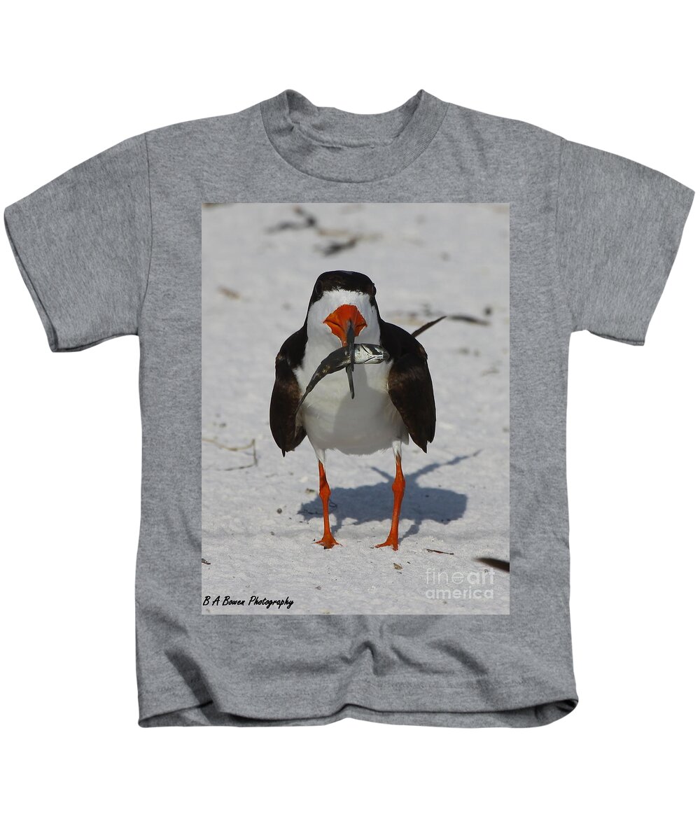 Black Skimmer Kids T-Shirt featuring the photograph Black Skimmer with dinner by Barbara Bowen