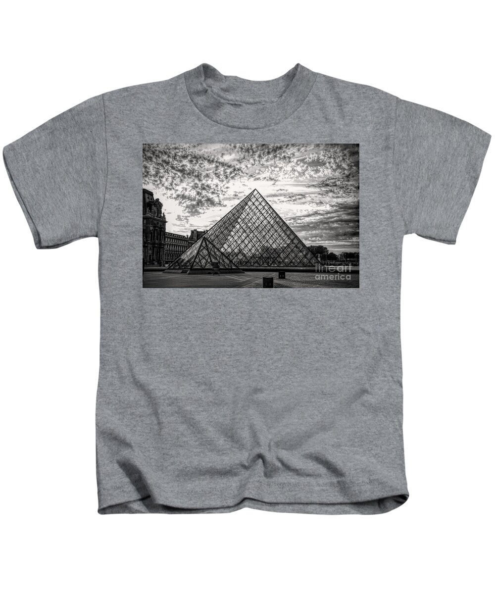 The Louvre Kids T-Shirt featuring the photograph Black White Glass Pyramid The Louvre Paris France by Chuck Kuhn