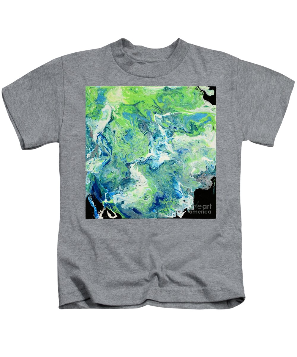 Green Kids T-Shirt featuring the painting Blue and Green Vibrations by Shelly Tschupp