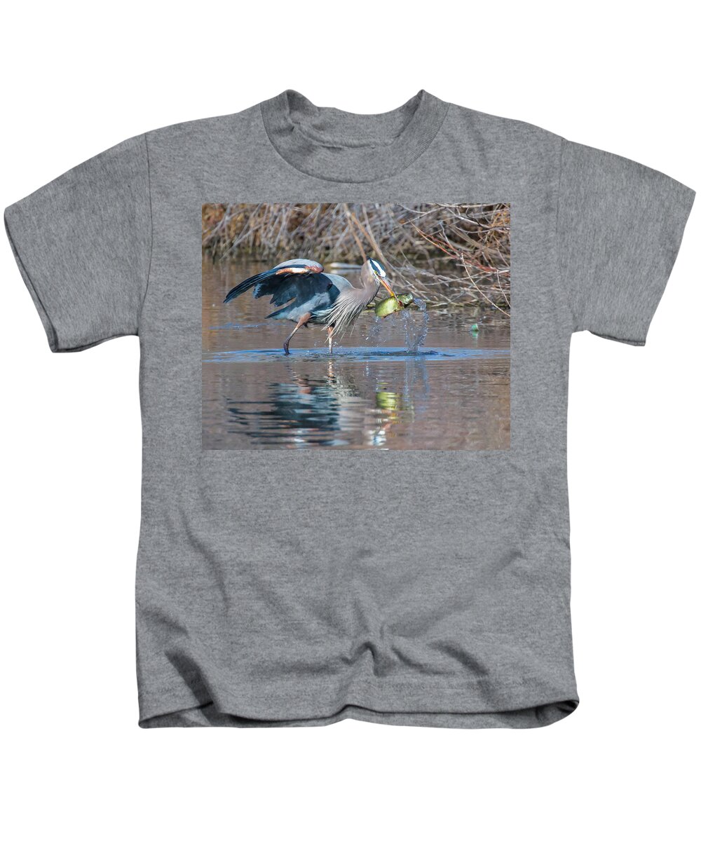 Great Blue Heron Kids T-Shirt featuring the photograph Blue Heron Catching a Fish by Lowell Monke