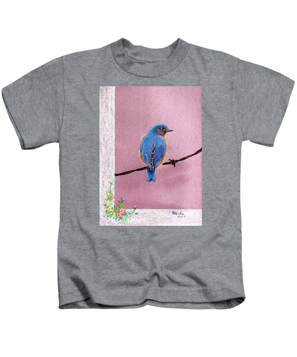 Bird Kids T-Shirt featuring the drawing Blue by Mike Ivey