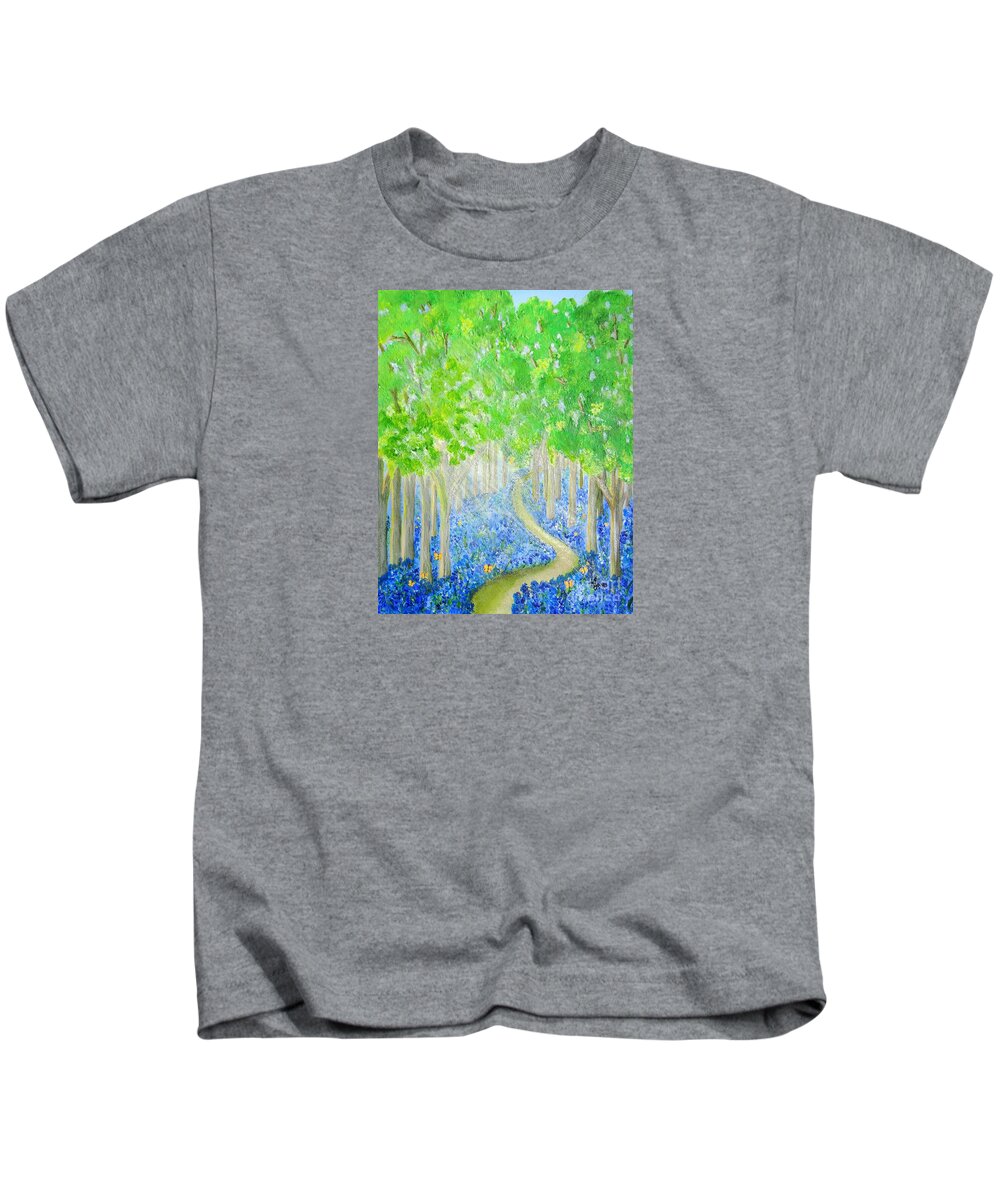 Bluebell Kids T-Shirt featuring the painting Bluebell Wood with Butterflies by Karen Jane Jones