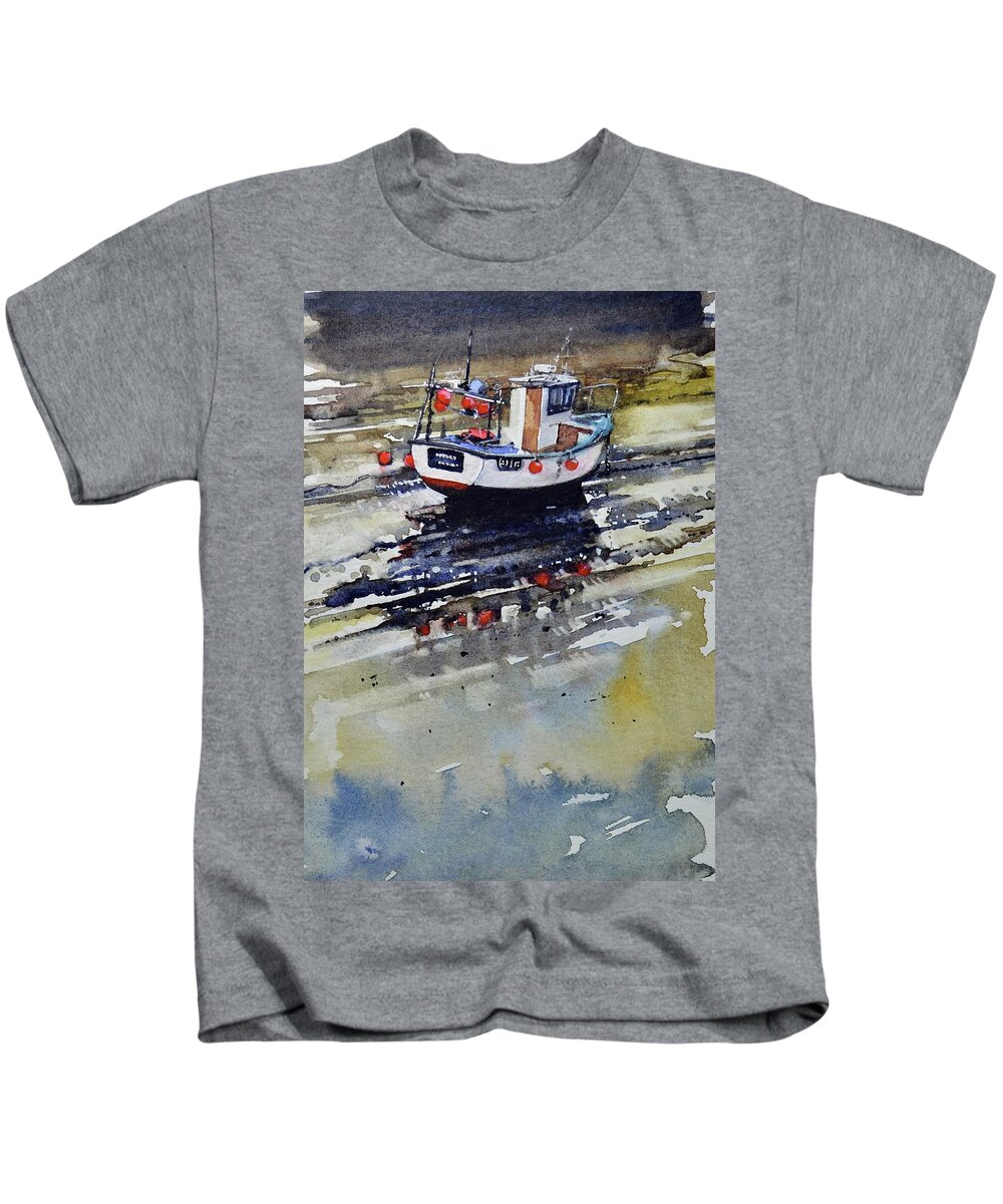Fishing Boat Kids T-Shirt featuring the painting Boat Reflections by Paul Dene Marlor