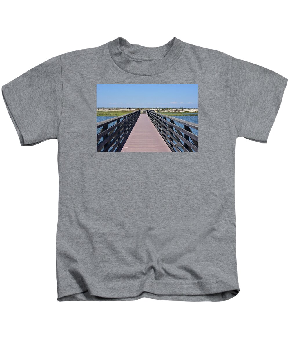 Linda Brody Kids T-Shirt featuring the photograph Bolsa Chica Wetlands Viewing Pier by Linda Brody