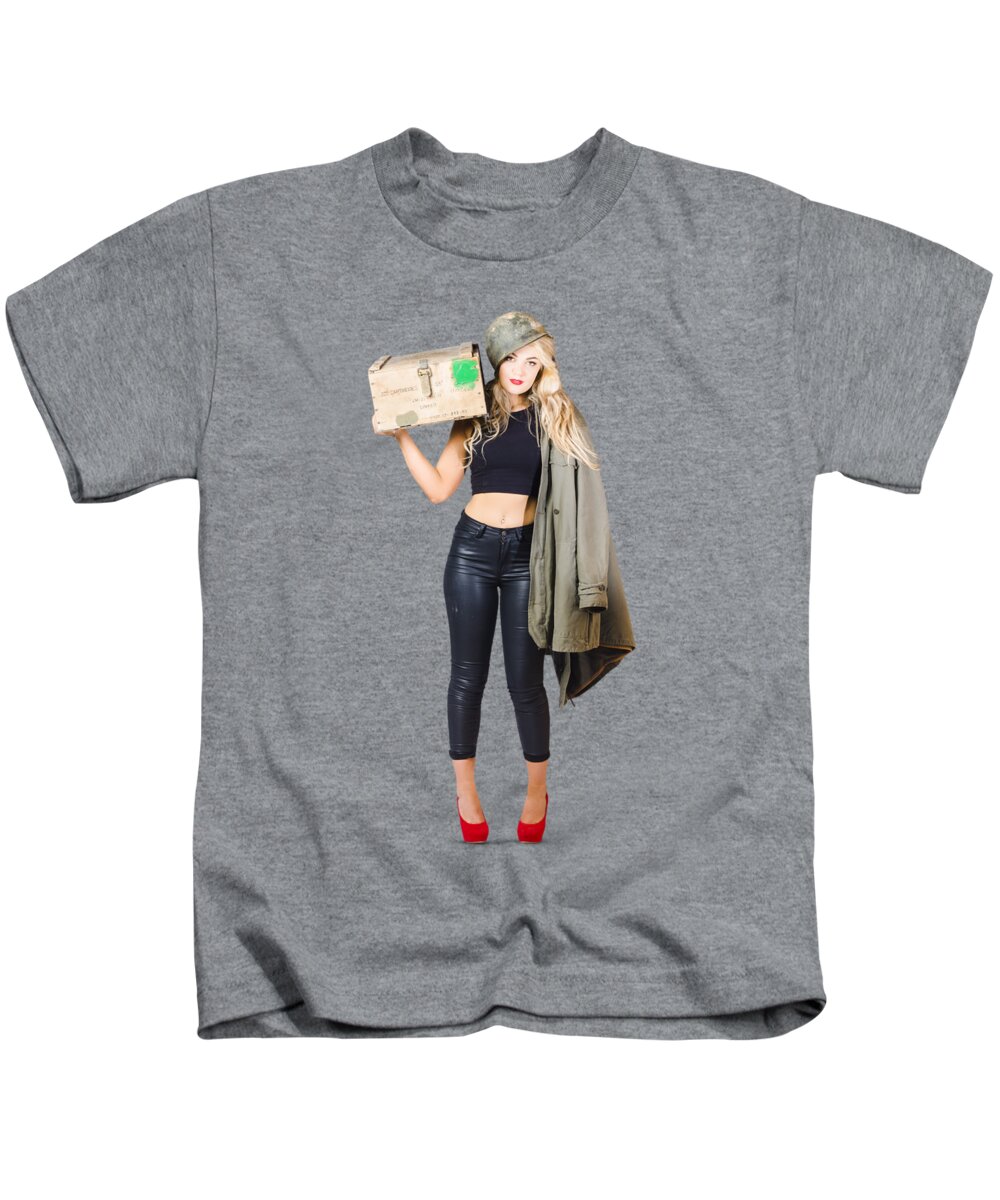 Pinup Kids T-Shirt featuring the photograph Bombshell blond pinup woman in dangerous style by Jorgo Photography
